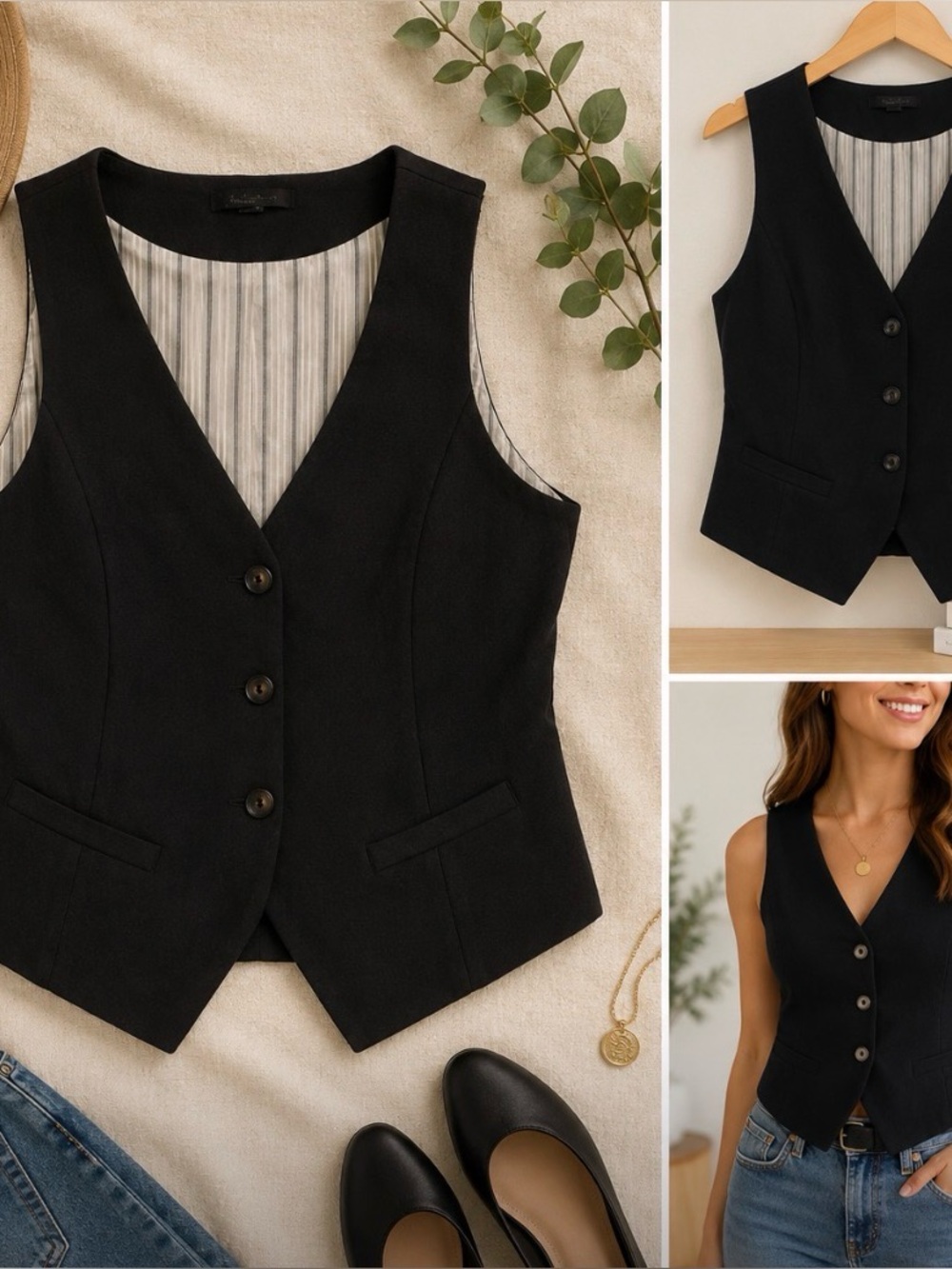 Classic Black Tailored Button-Front Bodysuit Vest